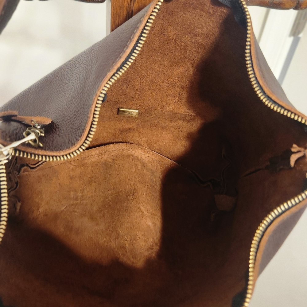 PLG Slouchy Shoulder Bag - Suede Inside - Coldbrew Pebble Tote with Gold Accents - Picture 4 of 5